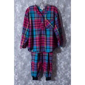 Vintage 90s Pajamas 1990s Esleep PJAMS Rainbow Plaid Top & Bottoms Size Large